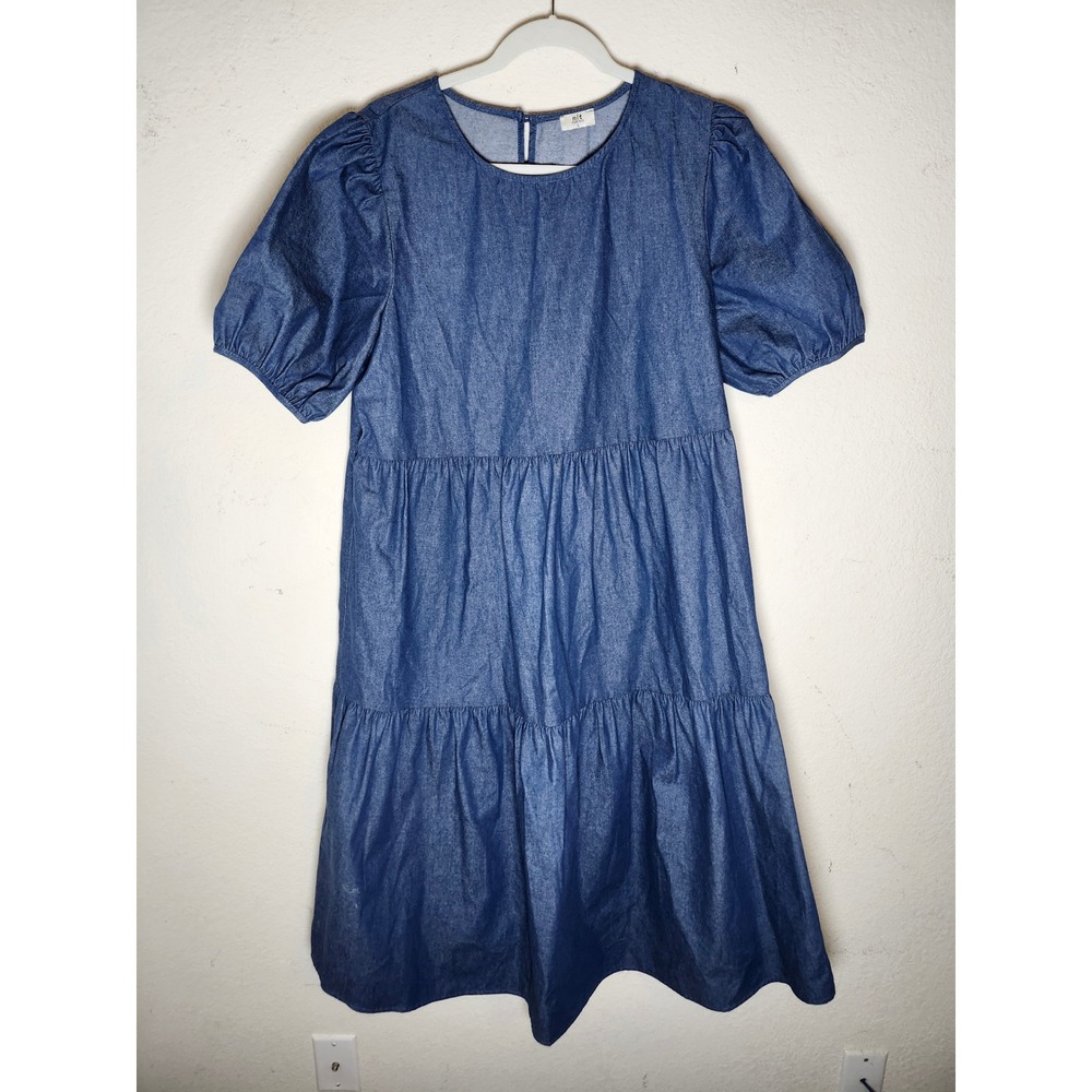 NLT Tiered Midi Dress Women Large Blue Denim Short Puff Sleeve Babydoll